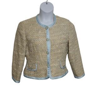 ECI beige boucle tweed blazer with blue trim  plazacore jacket M